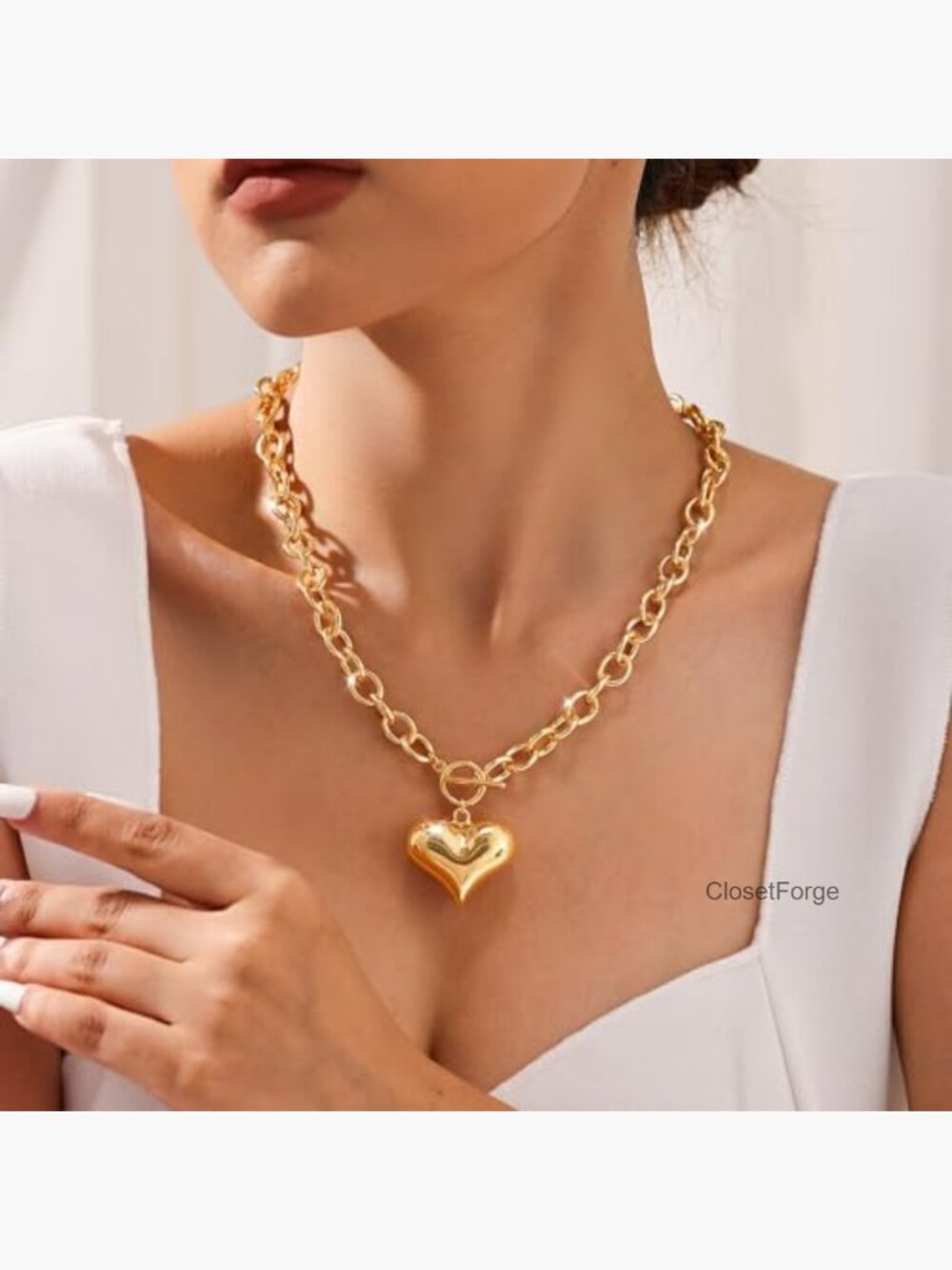 14K Gold Plated Chunky Heart Pendant Necklace with Toggle Clasp Hypoallergenic - Picture 5 of 7